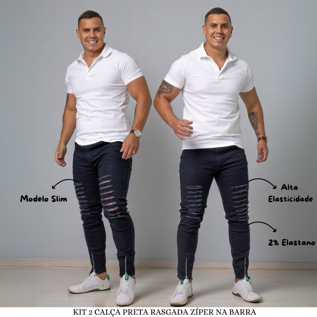 KIT 2 Calça Masculina Jeans Preta Rasgada Ziper C/ Elasticidade | Lycra Elastano