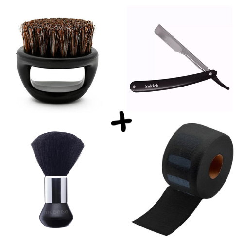 Kit Preto Barbeiro, 1 Escovinha de Dedo 1 Navalhete 1 Espanador 1 Rolo de Gola Higiênica.