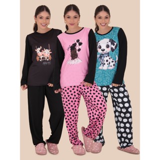 Kit 3 Pijamas Feminino Suede Felpado Manga Longa