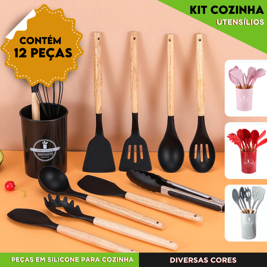 Kit de Utensílios Design Moderno em Silicone Resistentes ao Calor com Cabo de Madeira | Av