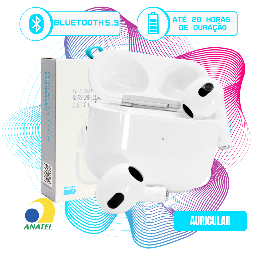 Fone de Ouvido Sem Fio Kimaster 20hrs Bateria AirPods Tws300 Bluetooth Anatel Carregamento Indução