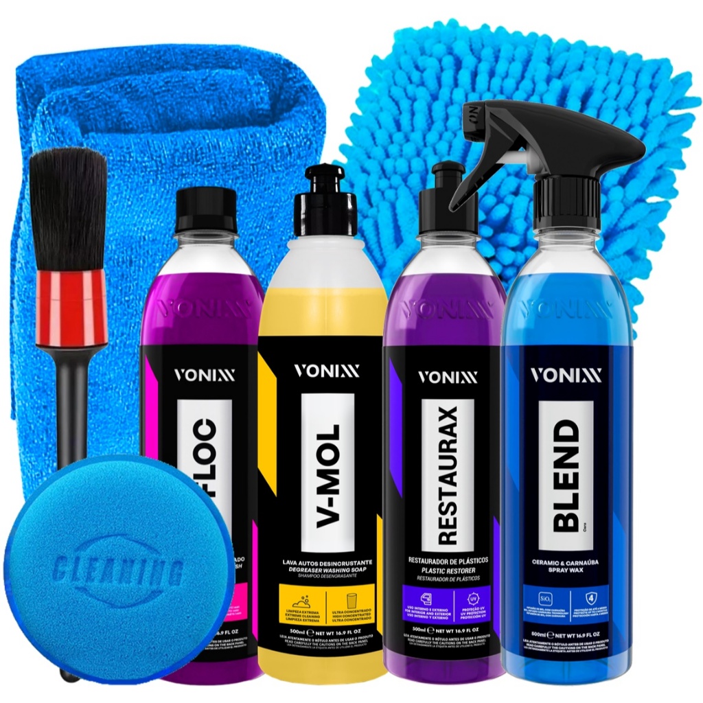 Kit Vonixx Completo Shampoo V-Floc V-Mol Cera Blend Spray Restaurax Luva Microfibra Toalha 40cm Pincel Aplicador Karbox