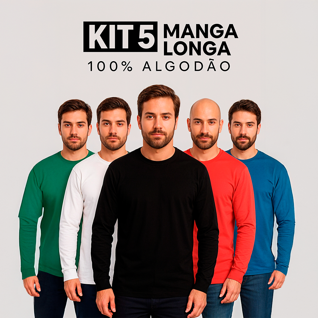 Kit 5 Camisetas Manga Longa Comprida 100% Algodão ou 2 Camisetas Masculinas Slim Inverno Quentinhas