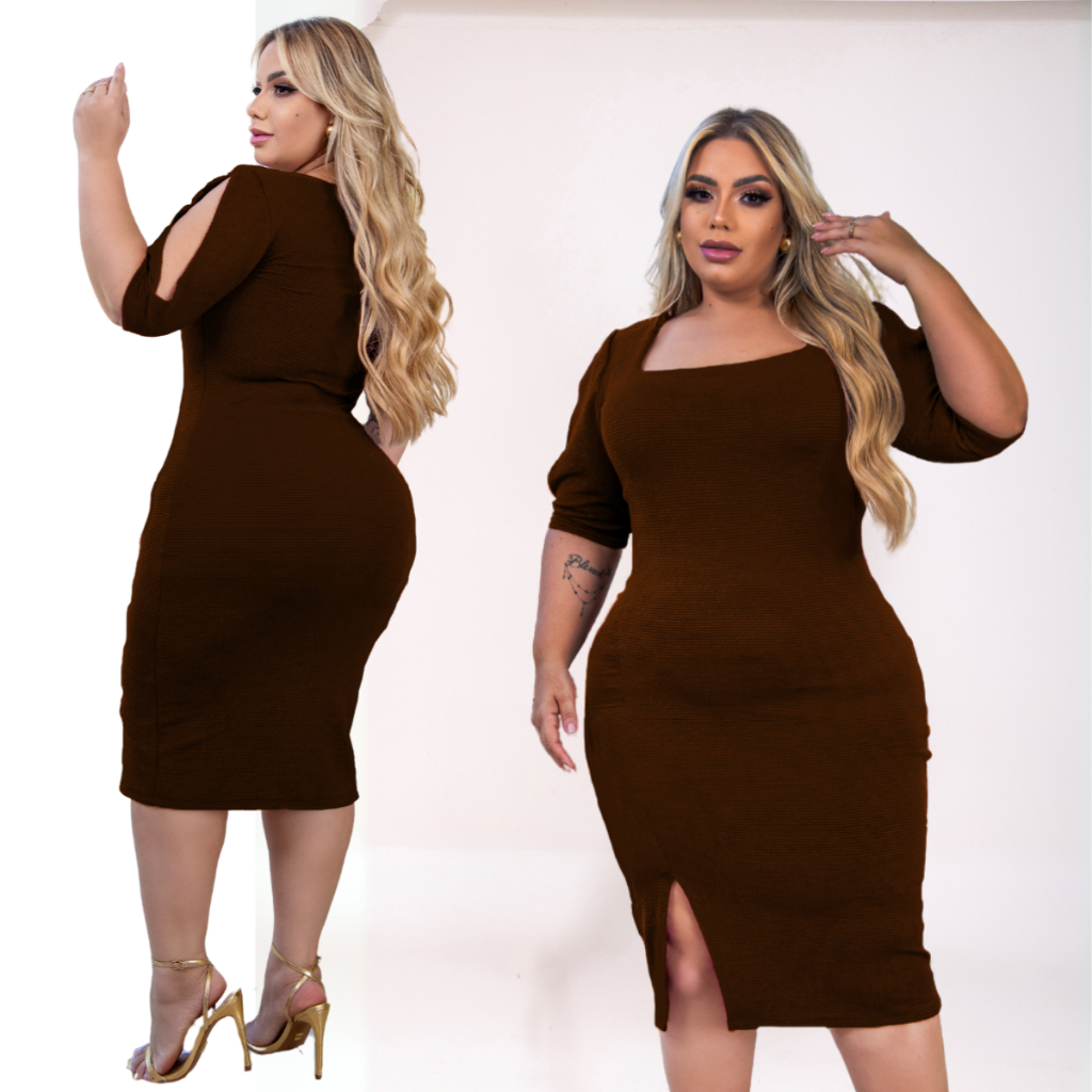 Vestido Plus Size Midi Feminino Evangélico Forrado com Fenda na Perna e Detalhe no Ombro Elegante