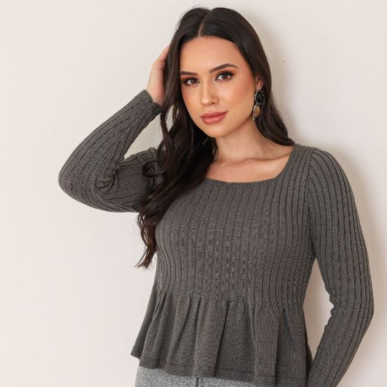 Blusa de Frio Bata Trico Canelado Modal Barra Babado Inverno Tricot