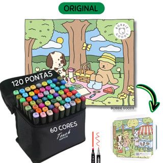 Livro de Colorir Bobbie Goods + Kit 60 Canetinhas Dupla - 20 Desenhos, Capa Mole, A5, Pron...