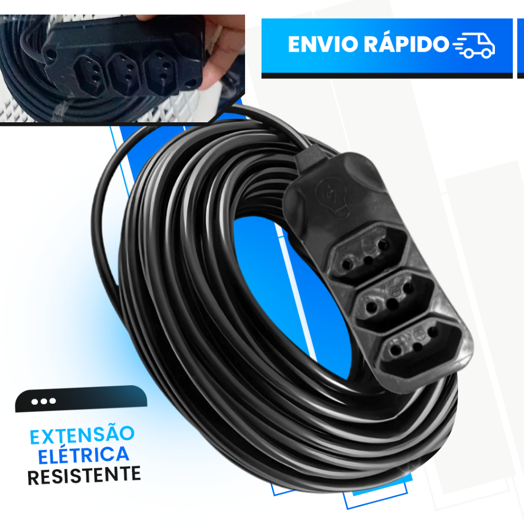 Extensão Elétrica CABO PP 2x2.5mm 20A/10A Resistente - 2 Metros a 25 Metros (METROS)