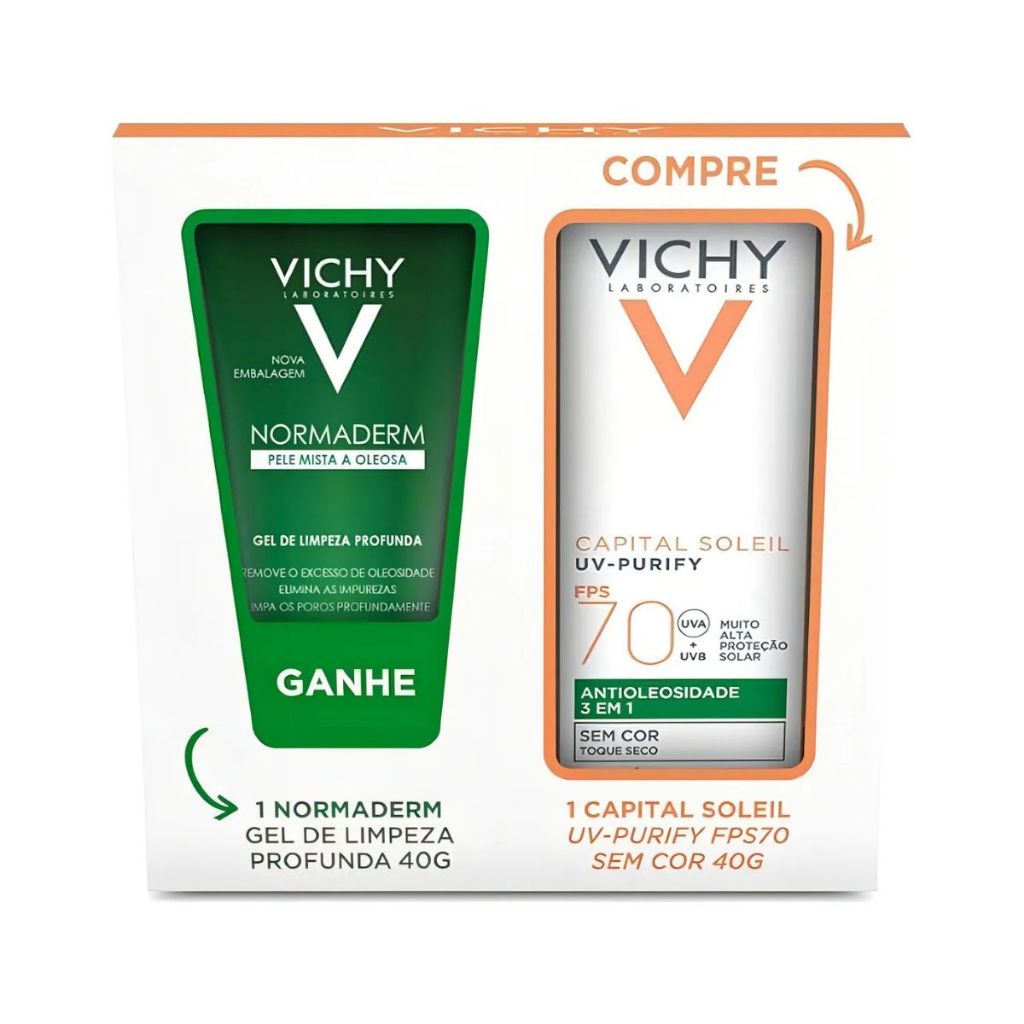 Kit Vichy Protetor Solar Capital Soleil UV-Purify FPS70 Sem Cor 40g + Gel De Limpeza Profunda Normad