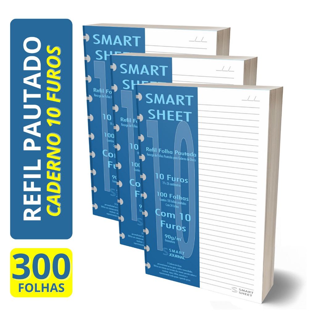 Refil Caderno de Disco 90g 300 Folhas Pautado 10 Furos B5 Smart Sheet em Oferta na Shopee