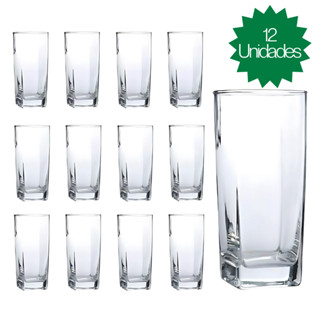 Jogo De 12 Copos Vidro Bali Quadrado Luxo Transparente 320ml
