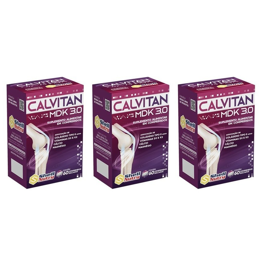 03un Colágeno tipo II + Vitaminas D e K2 Calvitan MDK 3.0 c/60 Cápsulas Shell Nutry