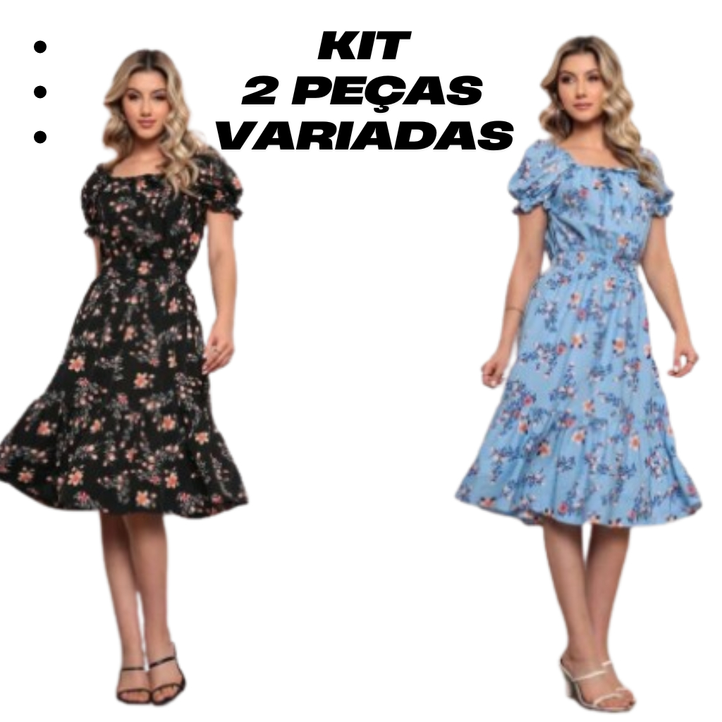 kit com 2 vestidos estampas variadas manguinha bufante premium manquinha pricesa de qualidade moda evangelica casual