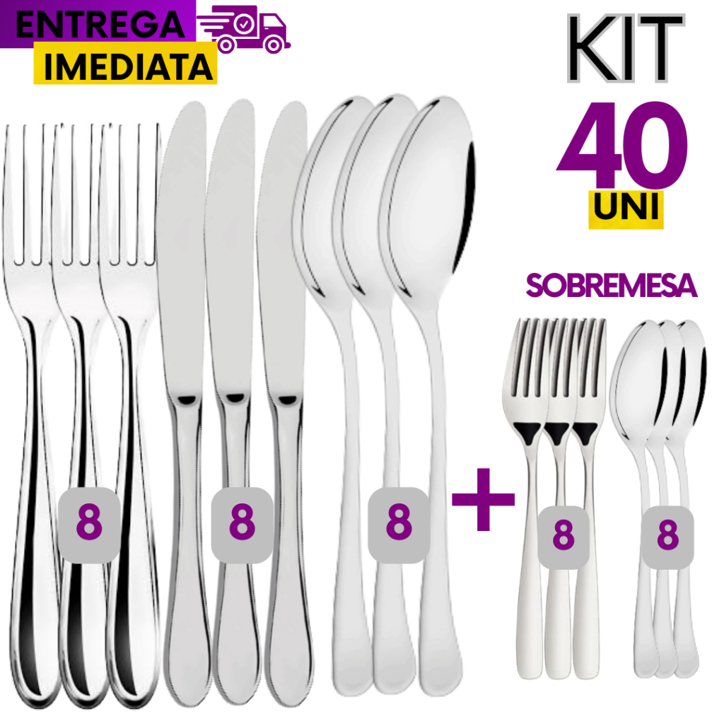 40 Talheres 100% Inox 8 Garfo 8 Faca 8 Colher 8 garfo Sobremesa 8 Colher de Sobremesa Chá Restaurante Banquete