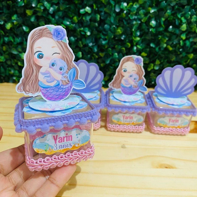 Kit 10 Caixas Acrílica 5x5 Sereia Cute Lembrancinha Personalizada Luxo | Festa Infantil