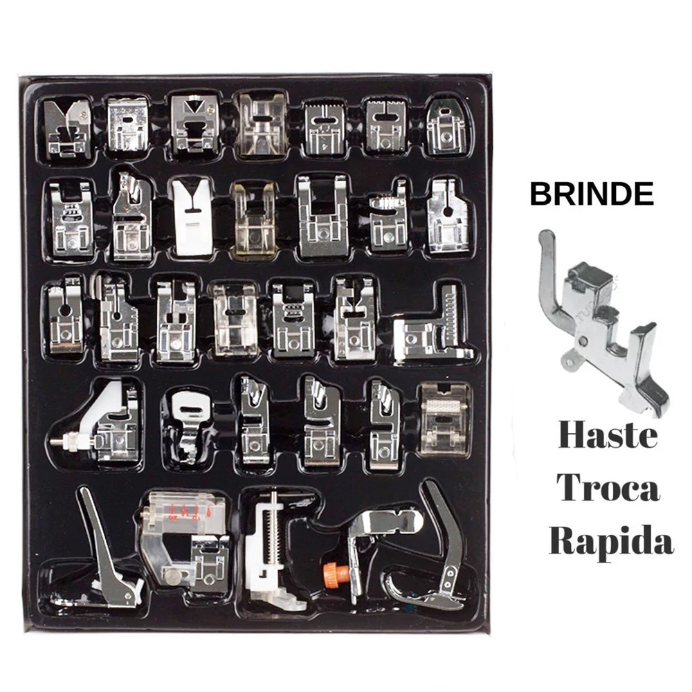 Kit 32 Calcadores + Haste Baixa Para Maquina De Costura Doméstica Brother Janome Singer Elgin