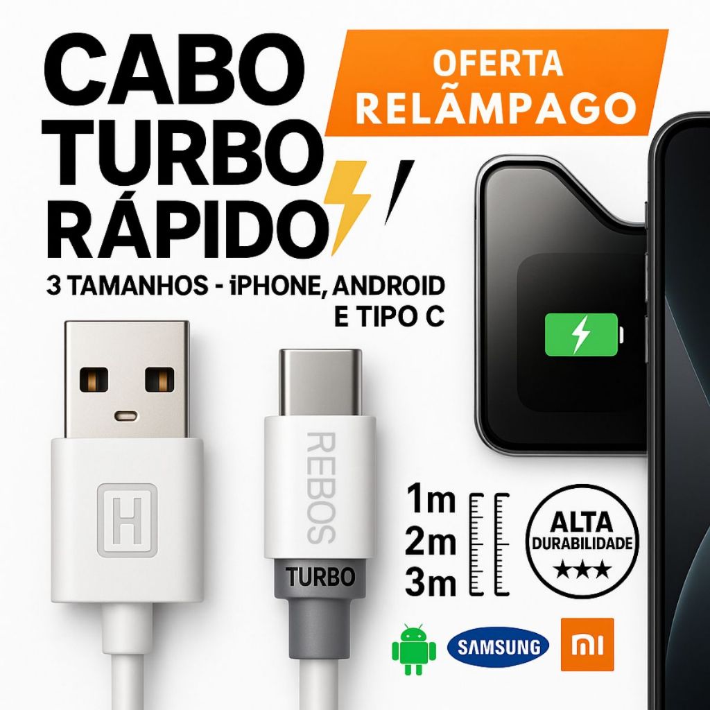 Cabo de Iphone Carregador Turbo Hrebos Lightning ou V8  USB  com 1  2 ou 3 Metros | Pronta Entrega