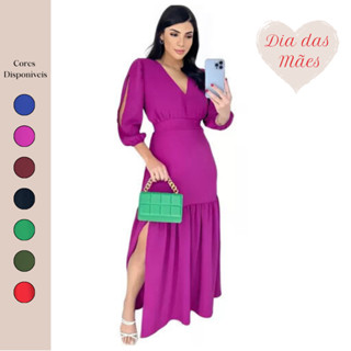 Vestido Longo Feminino Festa Casamento Madrinha Fenda na perna Manga 3/4 Elegante Evangeli...