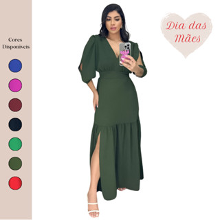 Vestido Longo Feminino Abertura na Manga 3/4 Fenda Premium Plus Fenda na Perna Evangélico