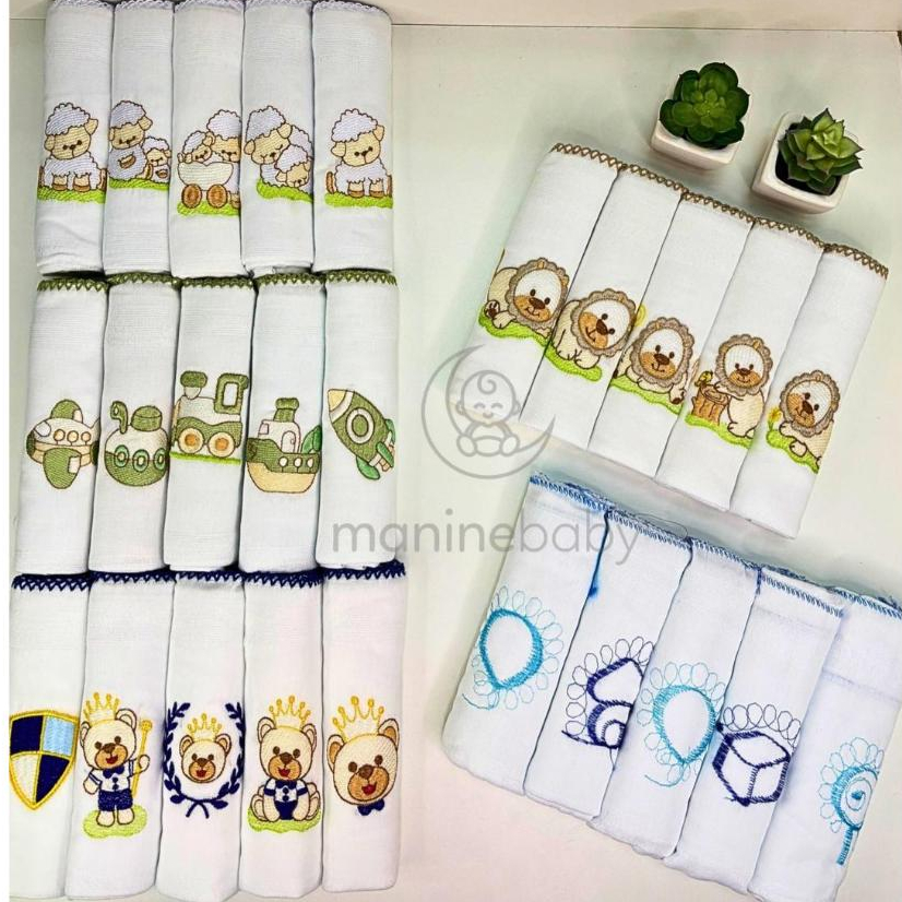 Kit Fralda de Pano Bordada para Bebê 100% Algodão Menina e Menino 5 unid  Fralda de pano p...