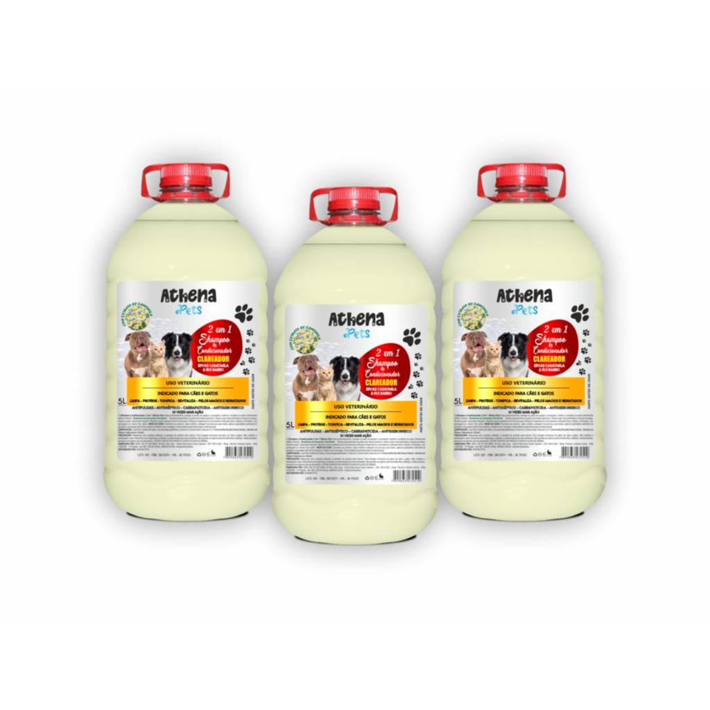 Kit Com 3 Unidades Shampoo Condicionador Pet p Cachorros  Gatos com Branqueador 5-Lt 2 Em1 Camomila Banho e Tosa/Petshop