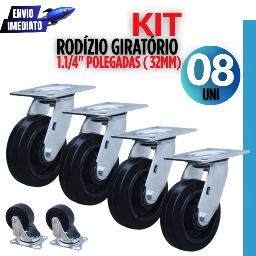 Conjunto Kit 08 Rodízios  Rodas Para Móveis Com Placa Giratória 1.1/4 - 32mm Variáveis utilidades Moveis Balcão Mesa
