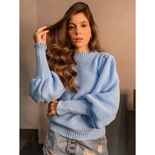 Blusa elegante manga bufante moda tricot moda inverno blusa feminina inverno