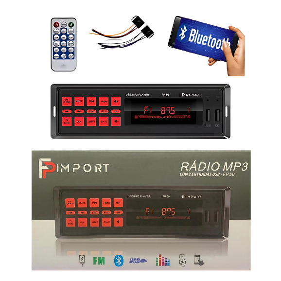 Radio Comando por Celular e Voz tipo Pionner Fp Imports Bluetooth 4x25w
