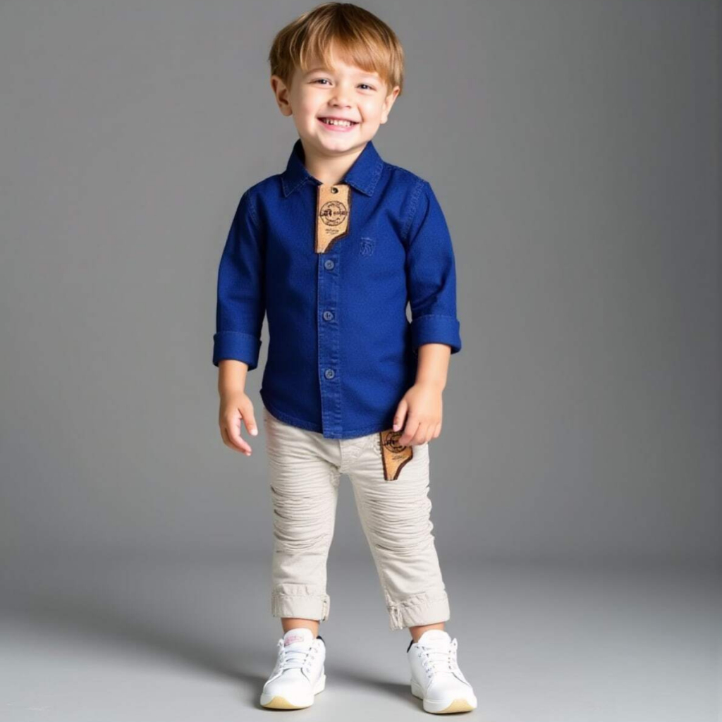 Conjunto calça sarja com lycra camisa jeans viscose bebe Tam 1,2 e 3 anos