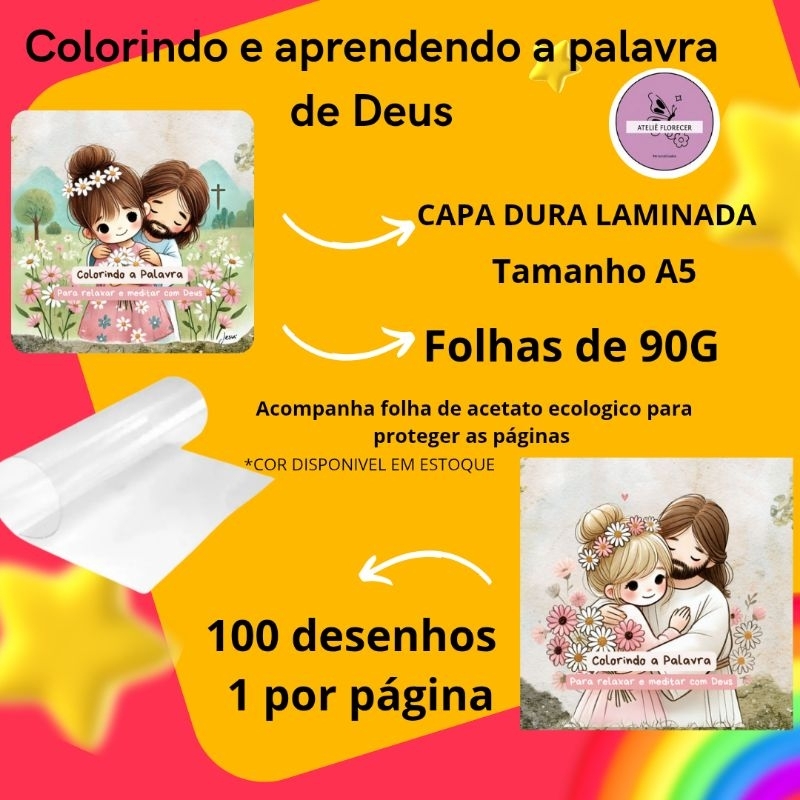 Livro de Colorir Cristão – Colorindo a Palavra de Deus 100 Desenhos | Tamanho A5 | Capa Dura com Laminação Holográfica