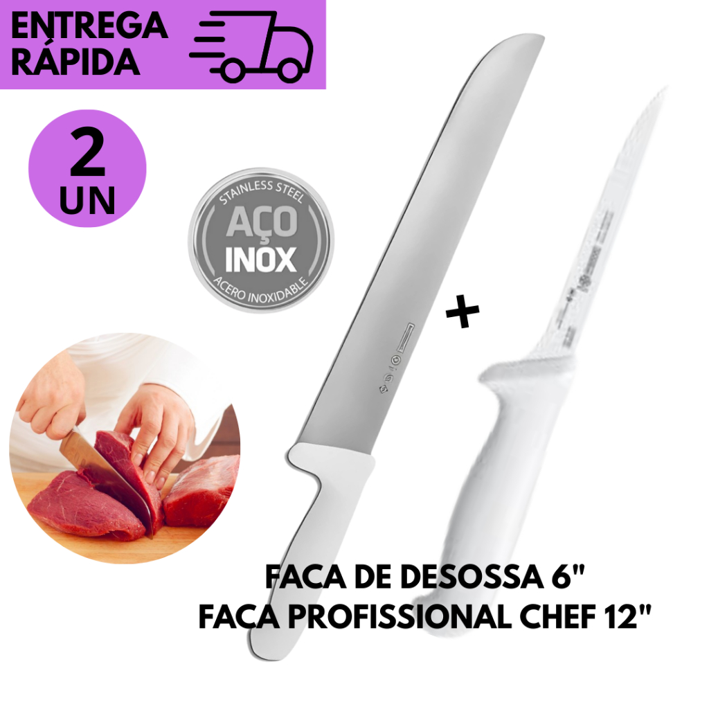 2 ou 1 Faca de Desossa 6” e Faca do Chef 10” Profissional ou Individual – Aço Inox, Corte Preciso