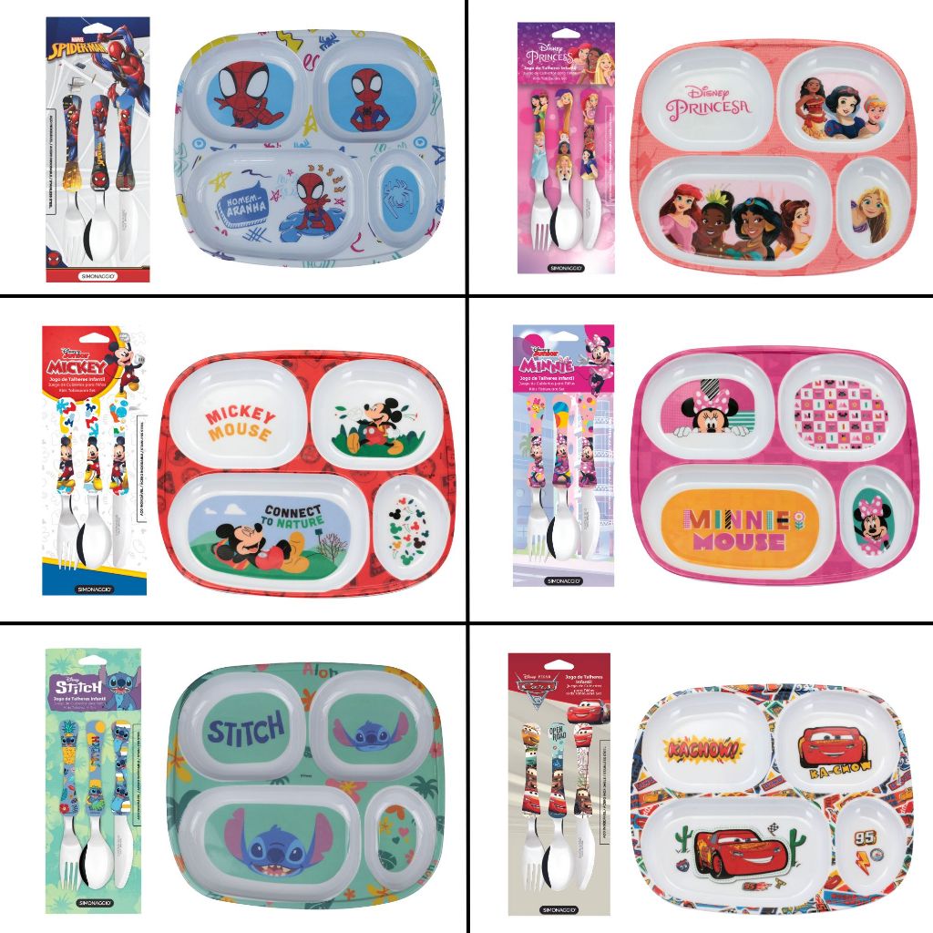 Kit Talher + Prato com Divisória 25cm Personalizado Disney BPA Free Carros Minnie Mickey Stitch