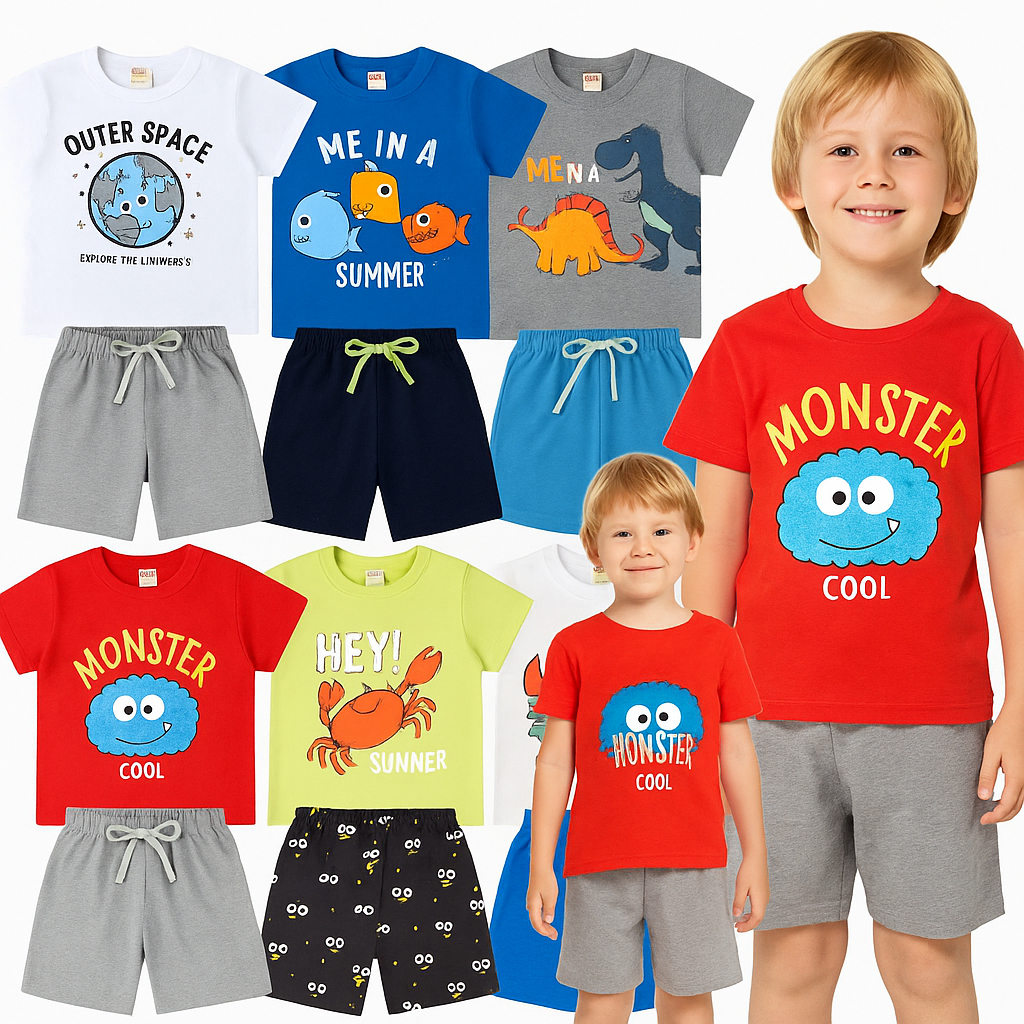 Kit Sortido 2 ou 10 Peças de Roupas Infantil Menino Camisetas +  Bermudas Conjuntos de Roupa Infantil Bebê Menino Verão