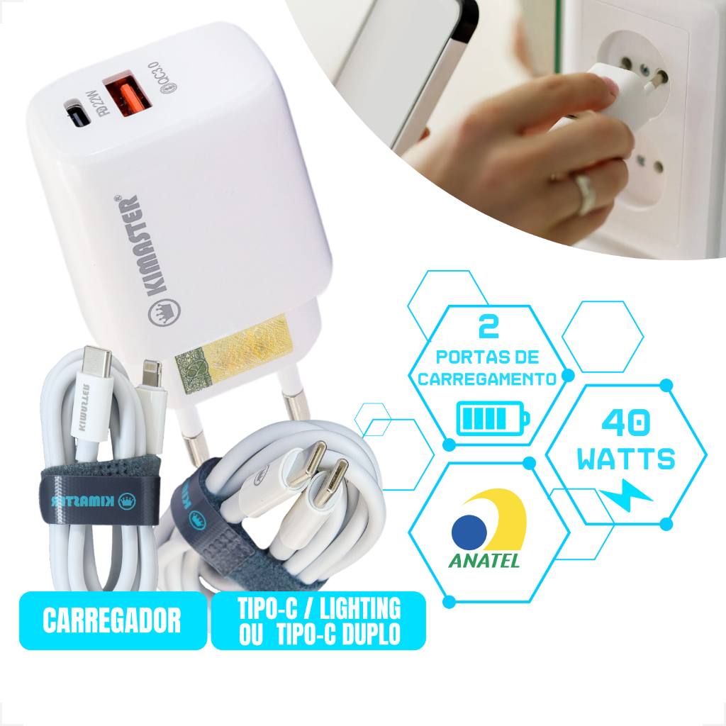 Carregador Turbo Tipo C 40W 1 metro KIMASTER Cabo Lightning USB ANATEL Iphone Android Samsung