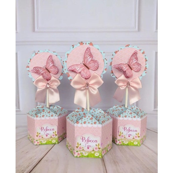 10 Centro de Mesa Personalizado Jardim Encantado das Borboletas 3D Com Laço - Decoração - Lembrancinha