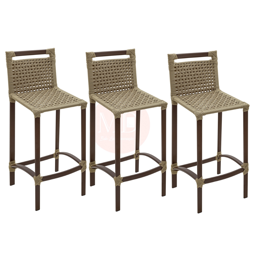 Kit 3 Banquetas Asteca Alumínio E Corda Náutica Bancada Balcão Ilha Gourmet  Luxo Piscina ...