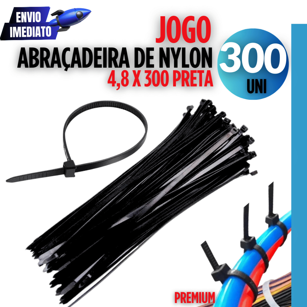 Jogo 300 Peças Cintas Plásticas Abraçadeira 4,8X300MM Nylon Com Proteção UV Enforca Gato Preto Variáveis Utilidades Casa