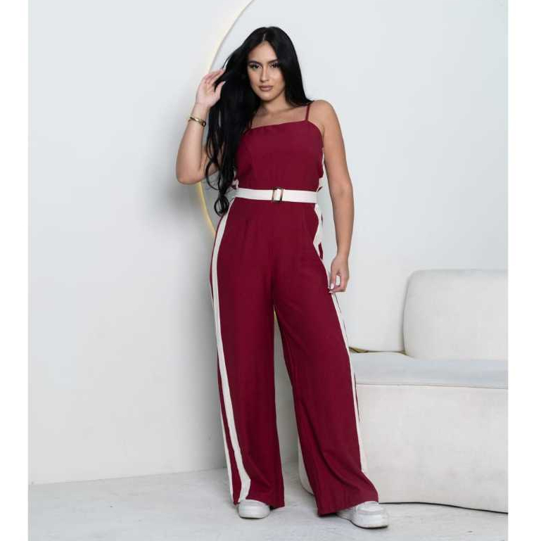 Macacão Alfaiataria Feminino Com Listras Laterais, Com Cinto Moda Mulher Envio Rapido