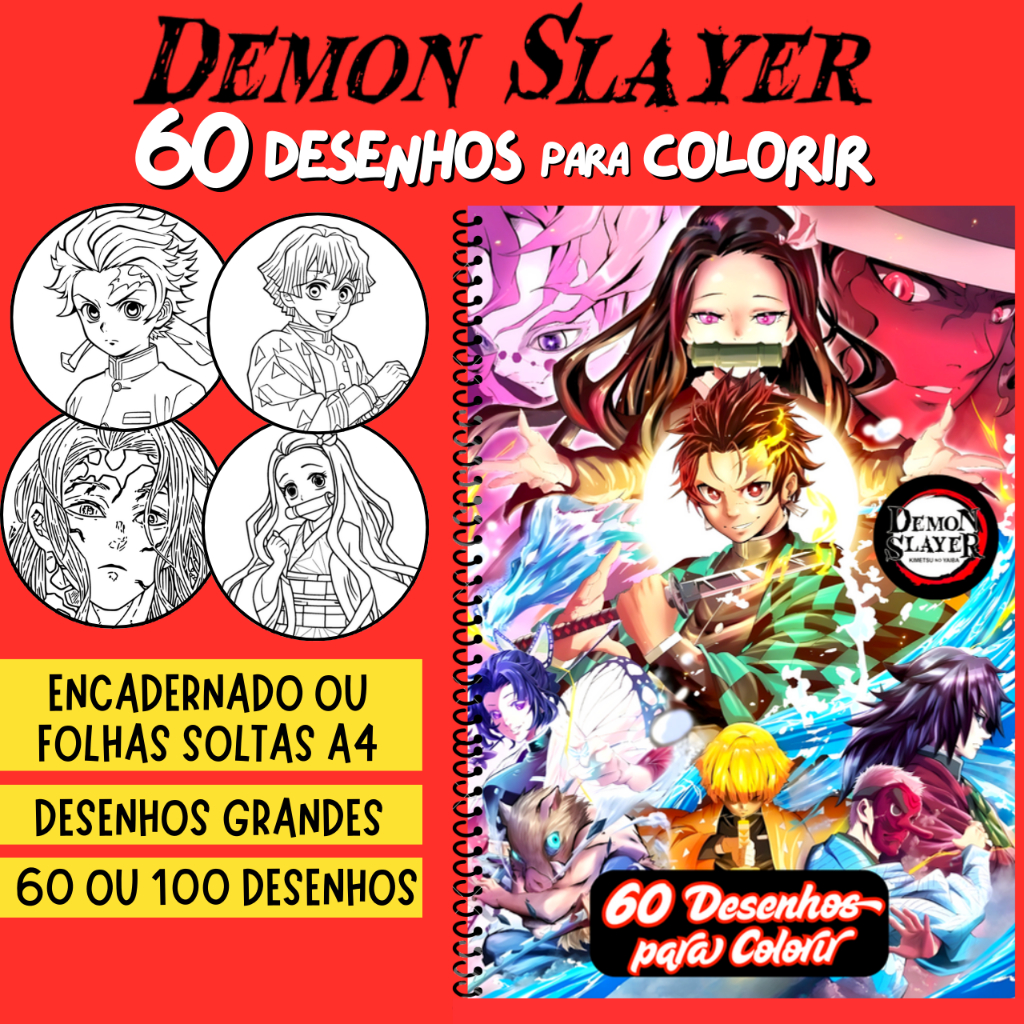 Caderno de Desenhos para colorir DEMON SLAYER - 60 ou 100 desenhos GRANDES - Livro de colorir, Anime, livro infantil
