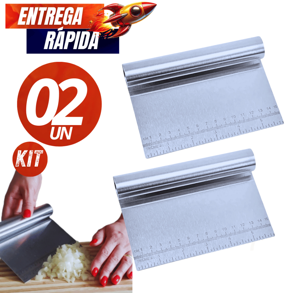 Kit 02/01  Unidades - Espátula Cortador Raspador Inox De Massas Legumes Com Régua Linha Resistente Variáveis Utilidades