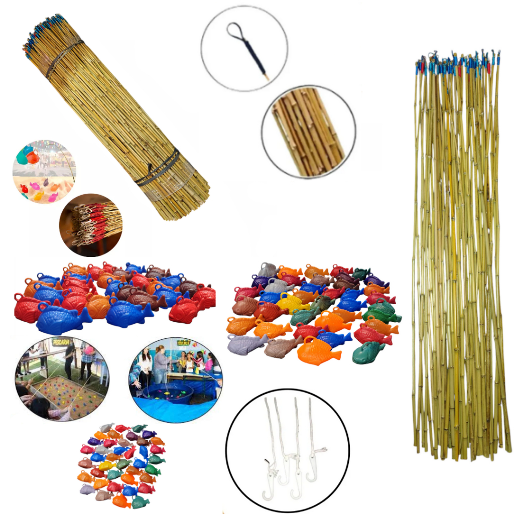Kit 10, 20 OU 30 Peixes + 1,2,3 OU 5 Varas de 100cm 1 metro Festa Junina Pescaria Brincadeira Jogos Peixe