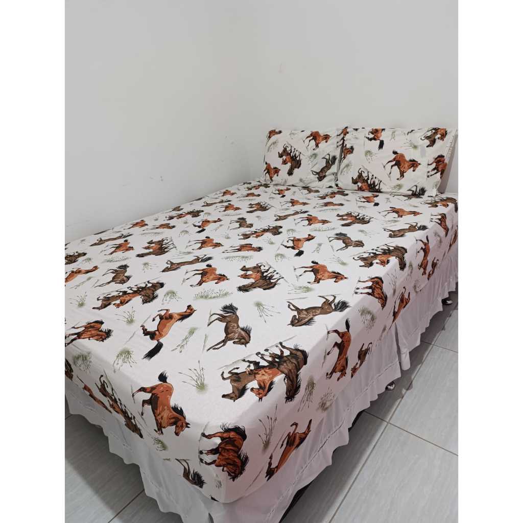 Jogo de Cama Estampa Cavalo Cama Casal Queen 03 Peças Malha Fios Penteado 100% Algodão Aras Texas Cauboi Coutry