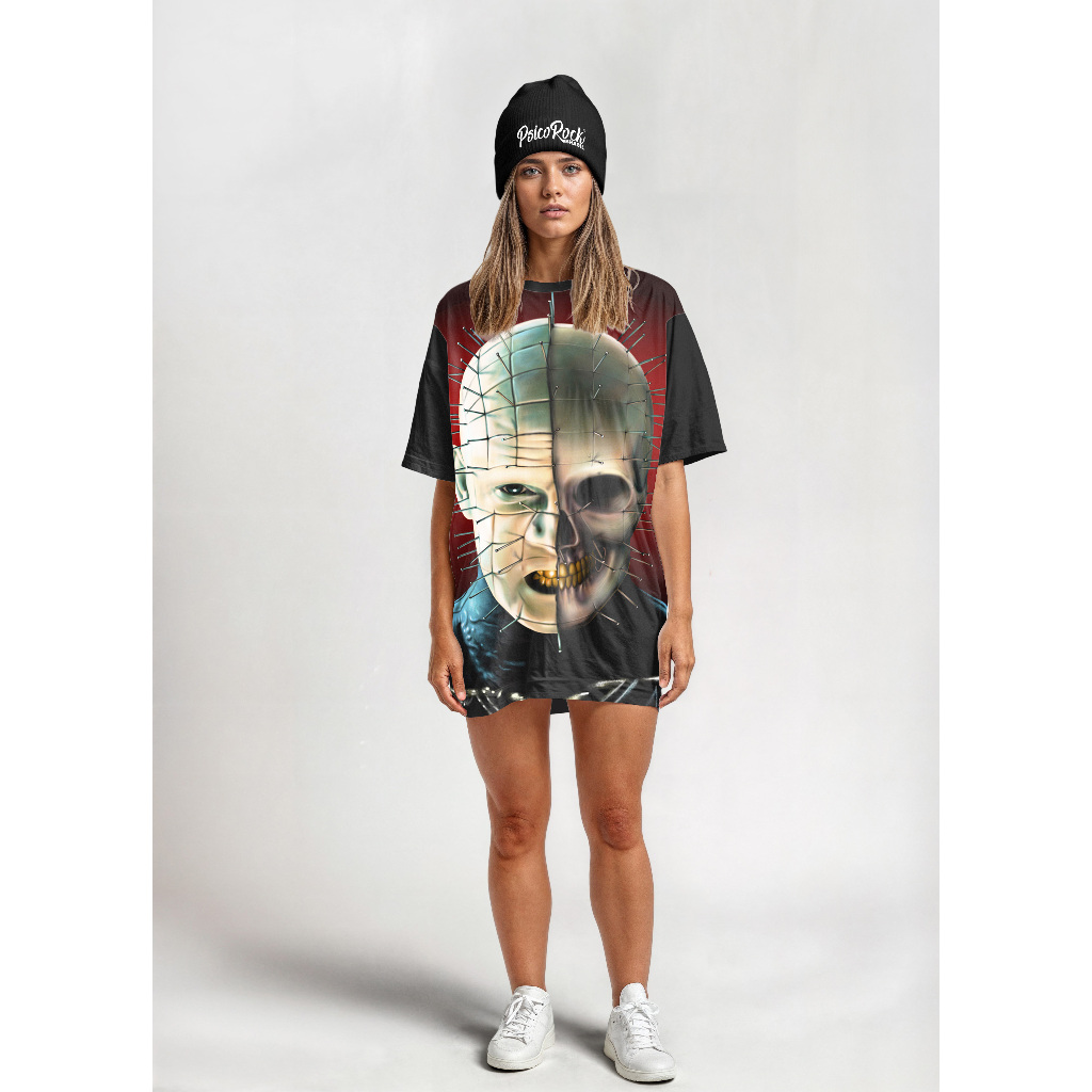 Camiseta Vestido Oversized Feminino Dress Filme Terror  Hellraiser Renascido do Inferno caveira