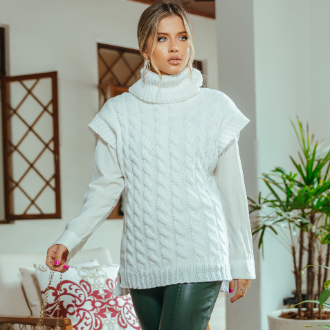 Max Colete Branco Feminino Tricô Trança Gola Alta VestLeg Pullover Lãzinha Frio Outono Inverno
