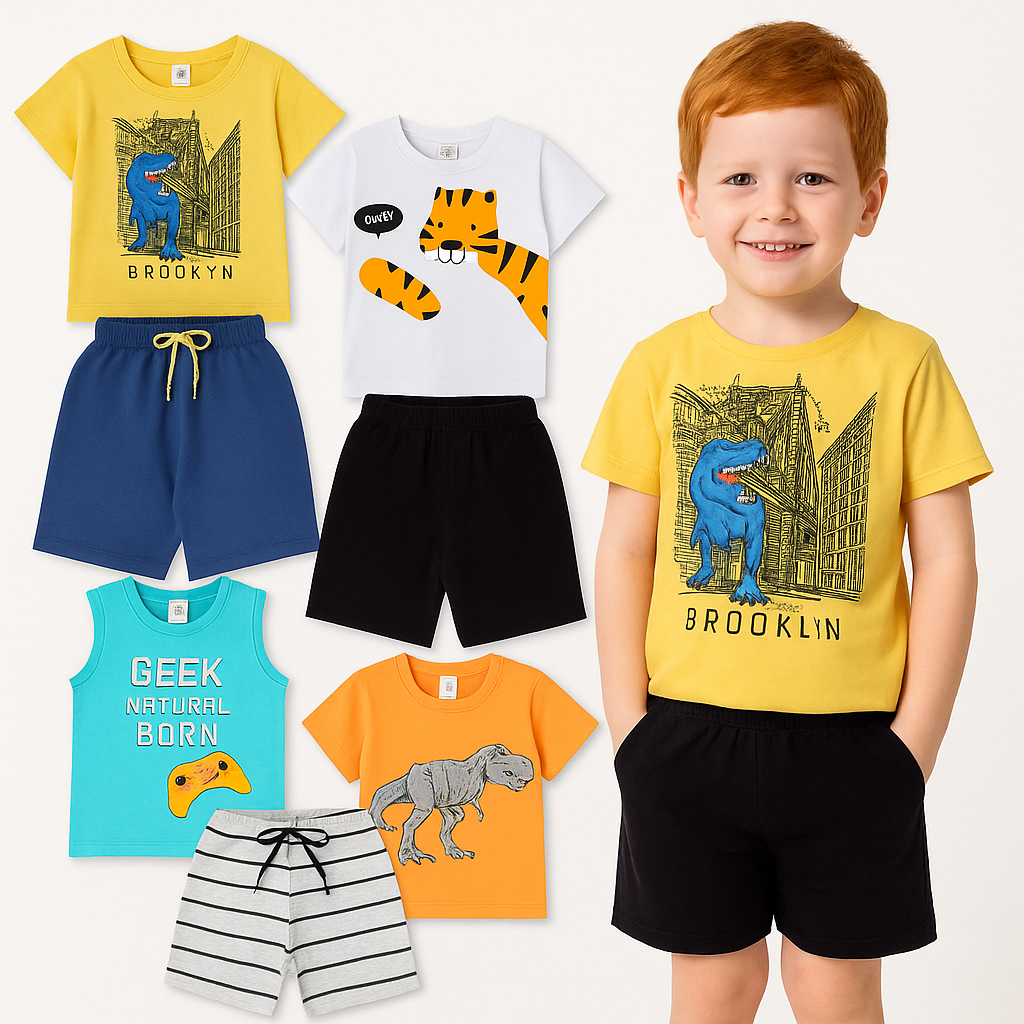 Kit 4 peças Roupa Infantil Bebê Menino Verão 2 Conjuntos de Menino Infantil Bebê Verão Masculino Roupa Infantil Sortidos
