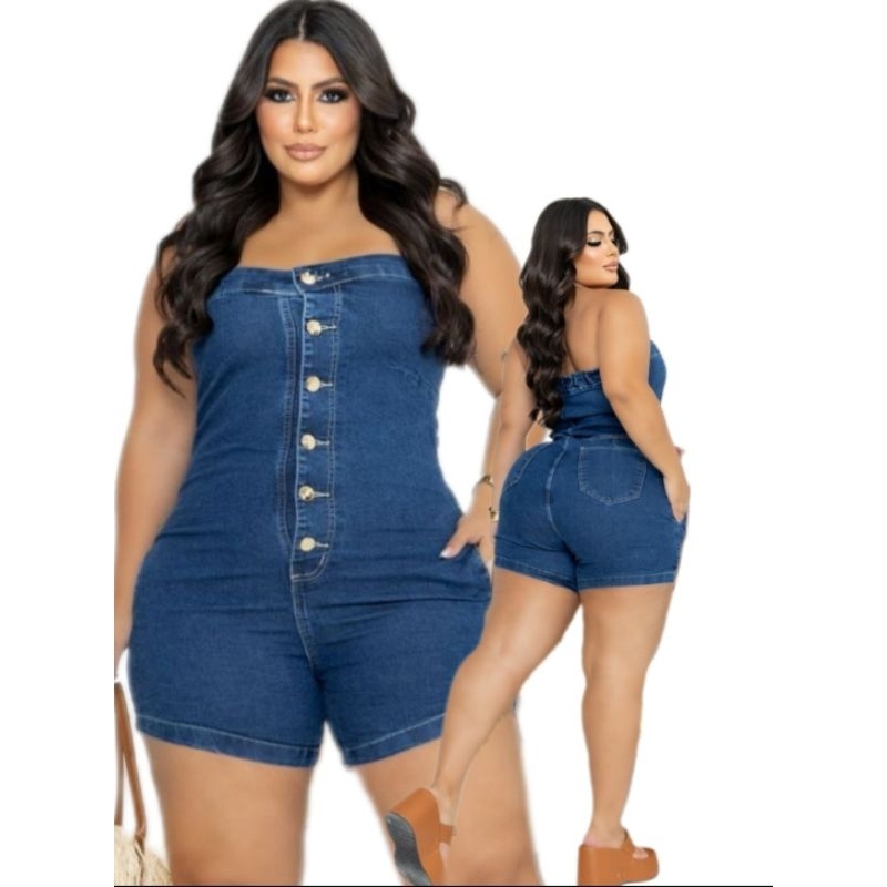 Macacão Plus Size Jeans Feminino Tomara que Caia Short Curto com Laycra Moda outono/Verão/Inverno 2025
