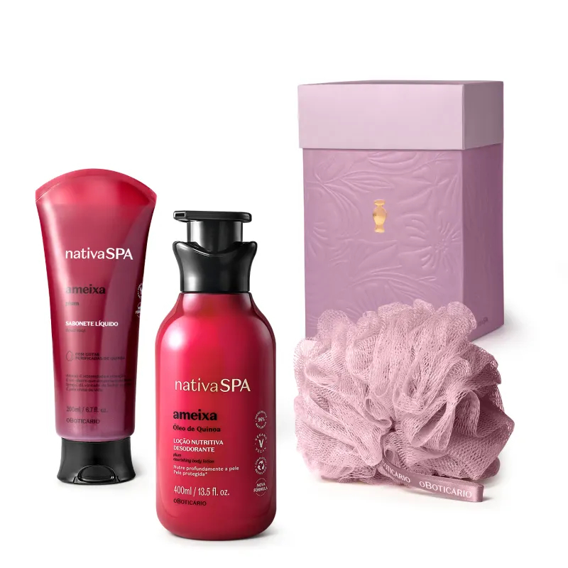 Kit Presente Nativa Spa Ameixa: Esponja para Banho + Sabonete Líquido Corporal + Loção Hidratante (o Boticário)