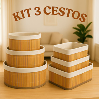 Kit 3 Cesto organizador de Bambu Multiuso com Forro decorativo