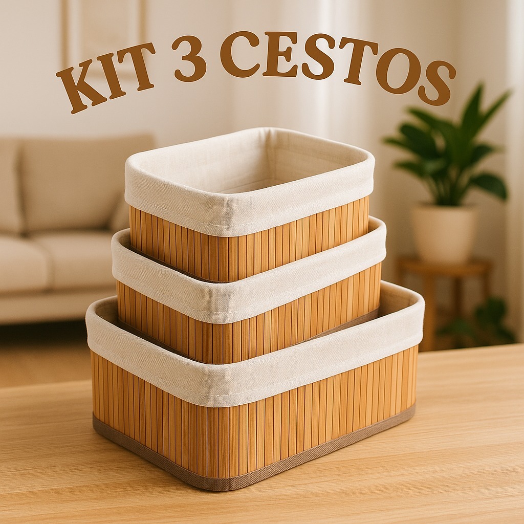 Cestos de Bambu Retangular Organizadores Multiuso com Forro Banheiro Lavanderia Decoração Cosmeticos Pequeno Grande