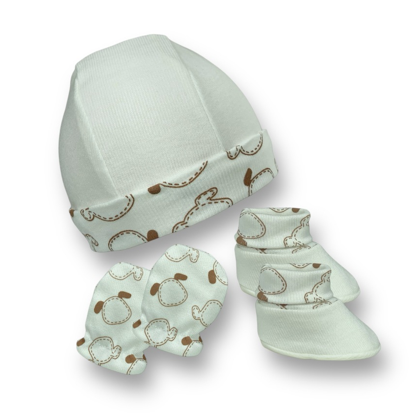 Kit RN 3 Peças Touca + Luva + Sapatinho Bebê Tecido Confortável Saída Maternidade Neutro/Unissex