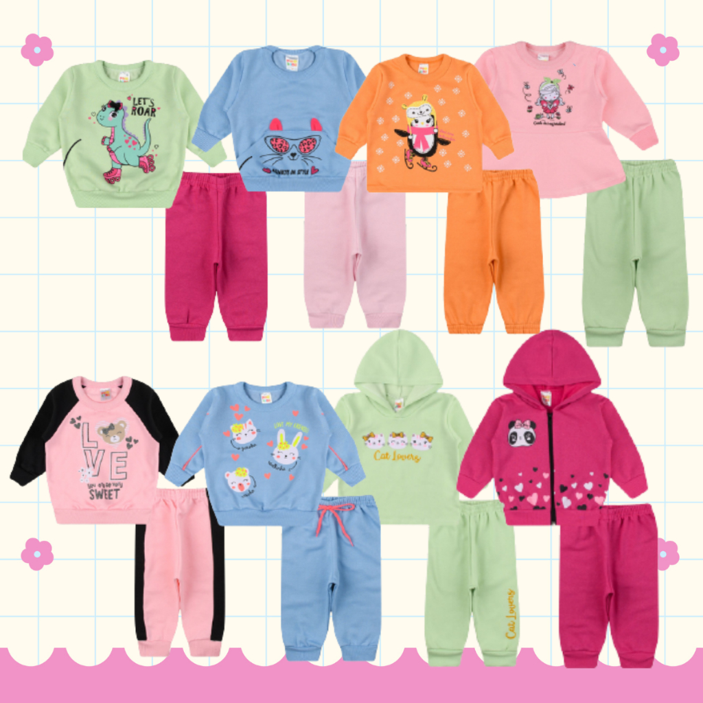 1 Conjunto Moletom 2 Peças (Casaco + Calça) Infantil Bebê Menina Roupa Frio (P,  M, G) Meninas (1, 2, 3, 4, 6, 8 anos)
